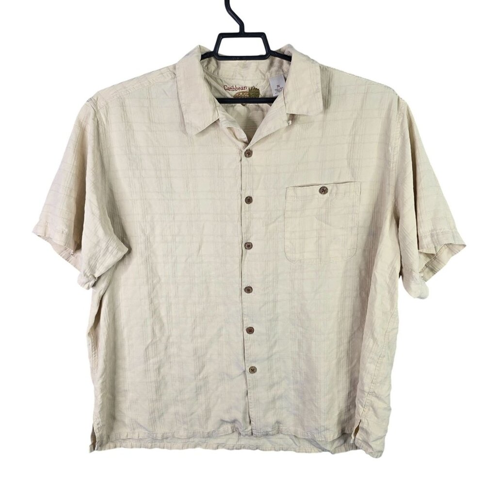 Mens Caribbean Beige 100% Silk Shirt Short Sleeve Button Up Size 2X